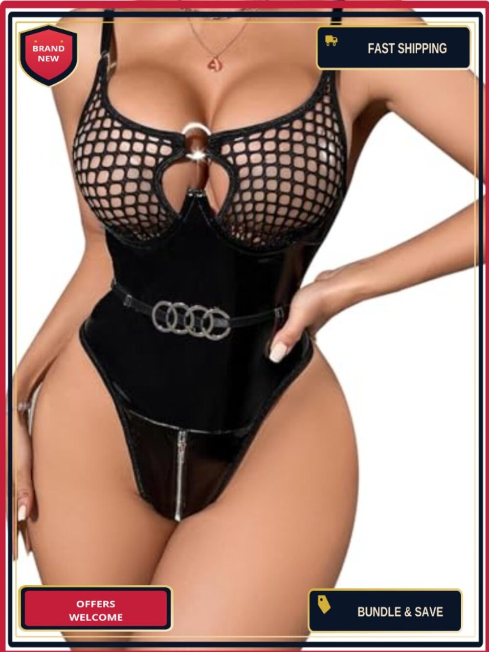 Faux Leather Lingerie Bodysuit Halter Cutout Fishnet Rave Costume